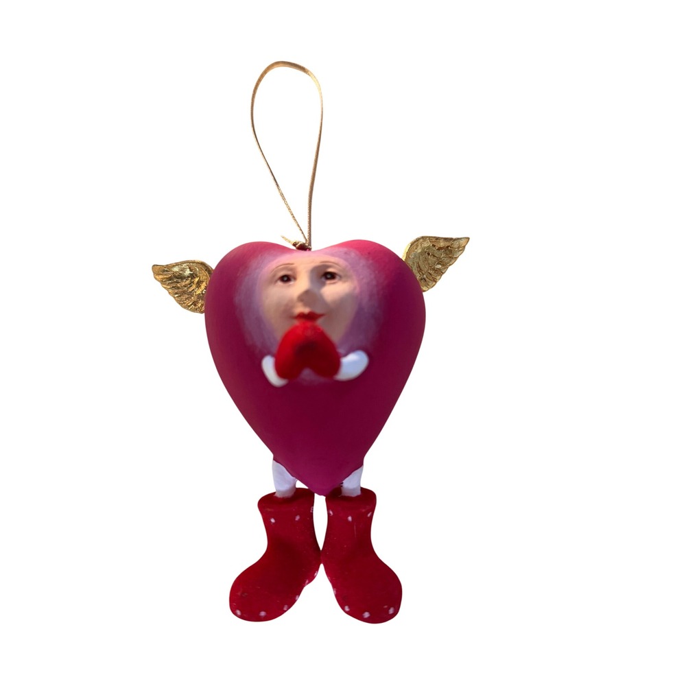 Patience Brewster Krinkles Heart Angel Ornament Pink Red Polka Dot Boots 5.5"